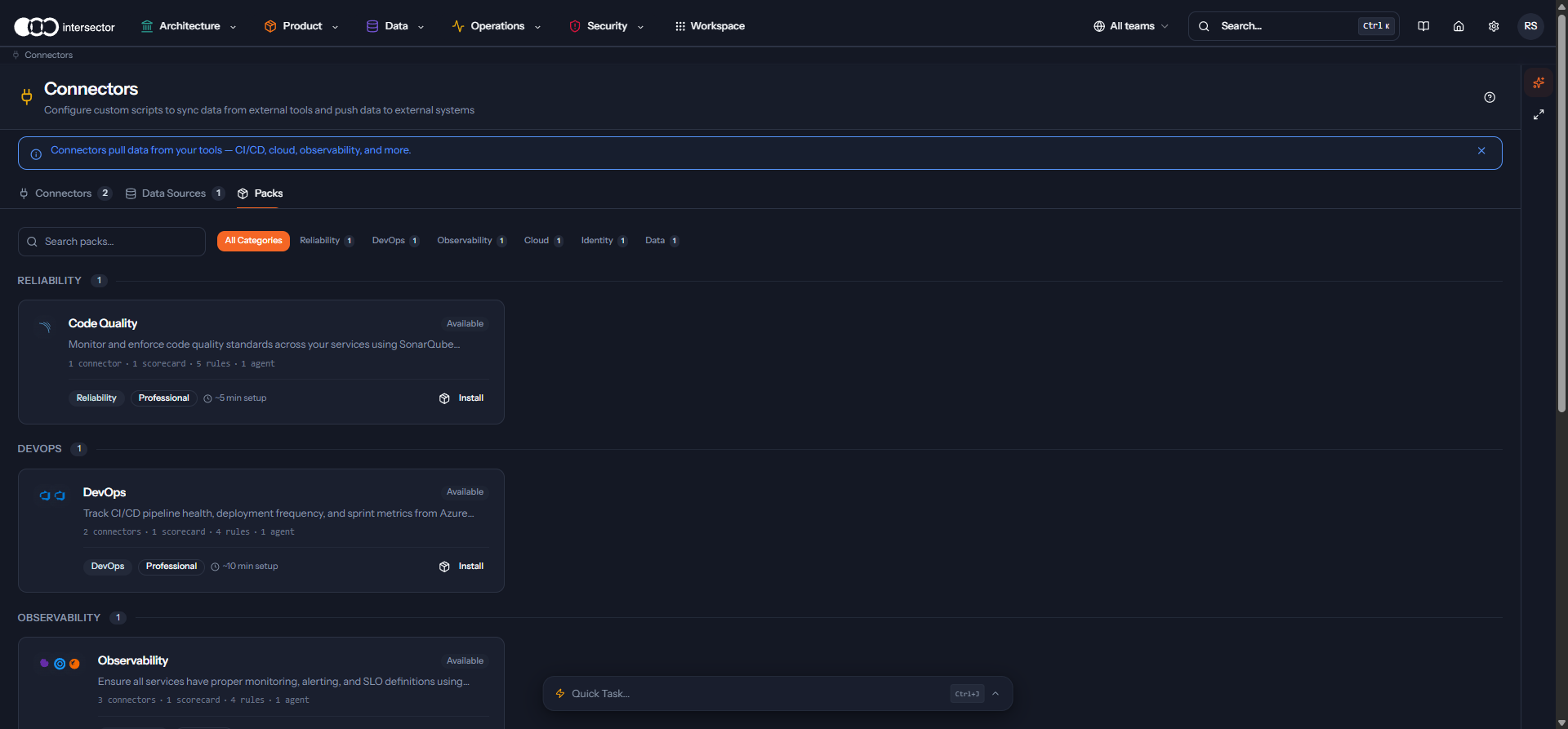 Connector Packs catalog — pre-built bundles for Code Quality, DevOps, Observability, Cloud, Identity, and Data